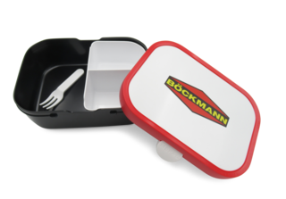 Brotdose mit Böckmann-Raute und praktischem Einsatz. Der herausnehmbare Einsatz unterteilt die Dose in praktische Fächer