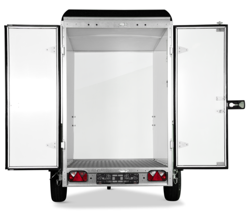 Böckmann Kofferanhänger Tieflader mit Sandwichbordwänden KT-SW 2513/135 M mit V-Deichsel.