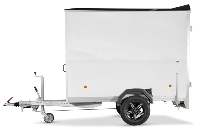 Böckmann Kofferanhänger Tieflader mit Sandwichbordwänden KT-SW 2513/135 M mit V-Deichsel.