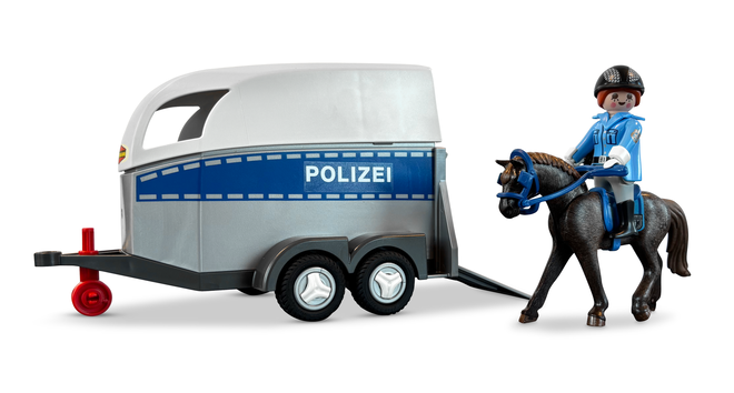 Böckmann Playmobil-Pferdeanhänger in grau mit blauer Beklebung, inklusive Polizeipferd und Polizistin.