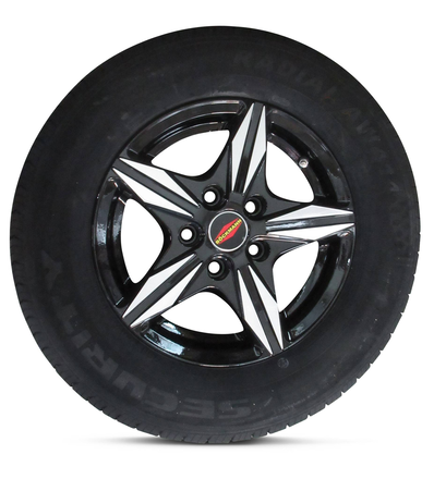 Ein Reifen mit einer 5-Loch Felge und einer Reifenbreite von 195mm . Mit schwarzen Aluminium Felgen. 14".