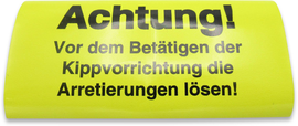 Hinweis: Achtung vor dem Betaetigen der Kippvorrichtung die Arretierungen loesen.
Hinweis: Achtung vor dem Betätigen der Kippvorrichtung die Arretierungen lösen.
