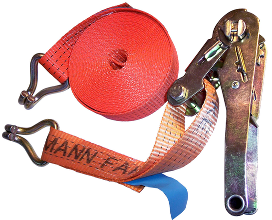 Böckmann Spanngurt 8000x50 mm mit Ratsche und Haken sichert Ladung auf Anhänger zuverlässig und verhindert Verrutschen.