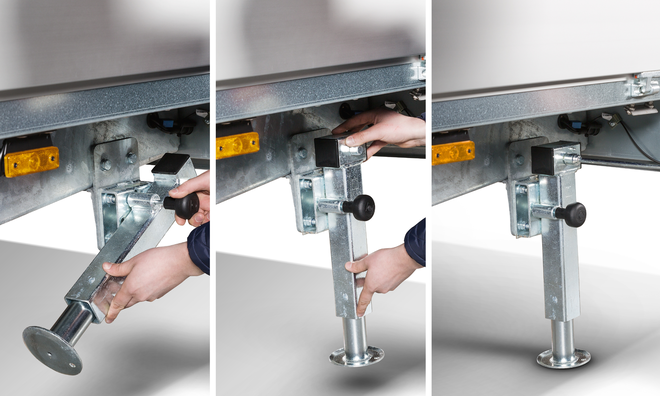 Der Nachrüstsatz Teleskopkurbelstützen stabilisiert Böckmann Hochlader und Kipper und erleichtert das Be- und Entladen.