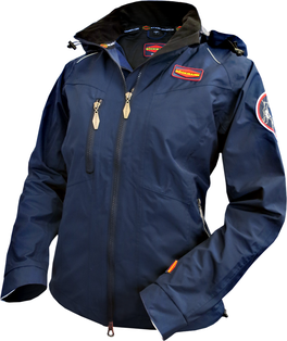 Blaue Böckmann Allwetterjacke für Kinder mit Stehkragen und herausnehmbarer Kapuze schützt vor Regen und Wind.