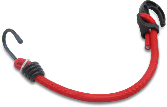 Verstellbares rotes Expanderseil mit Kunststoff- und Stahlhaken für sichere Ladungssicherung im Böckmann Anhänger.
