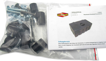 Montageanleitung sowie Material zur Montage vom Staukasten am Böckmann Anhänger.