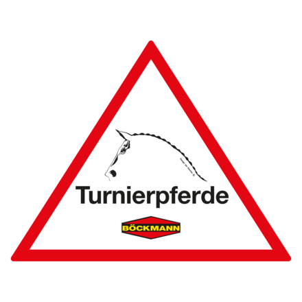 Böckmann Warnaufkleber ‚Achtung Turnierpferde‘ – dreieckig mit roter Umrandung, signalisiert deutlich Pferdetransport im Anhänger.